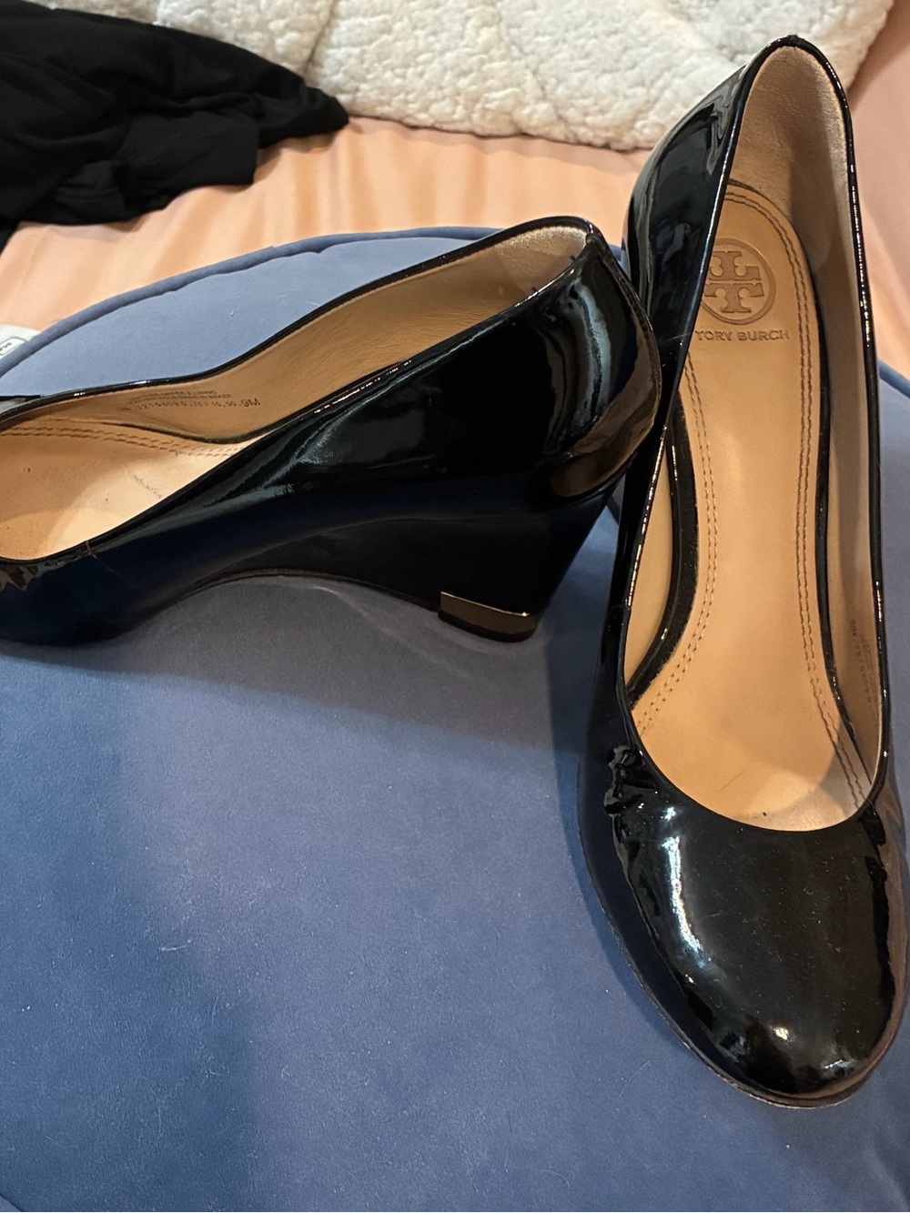 Tory Burch Black Patent Leather Wedge Pumps